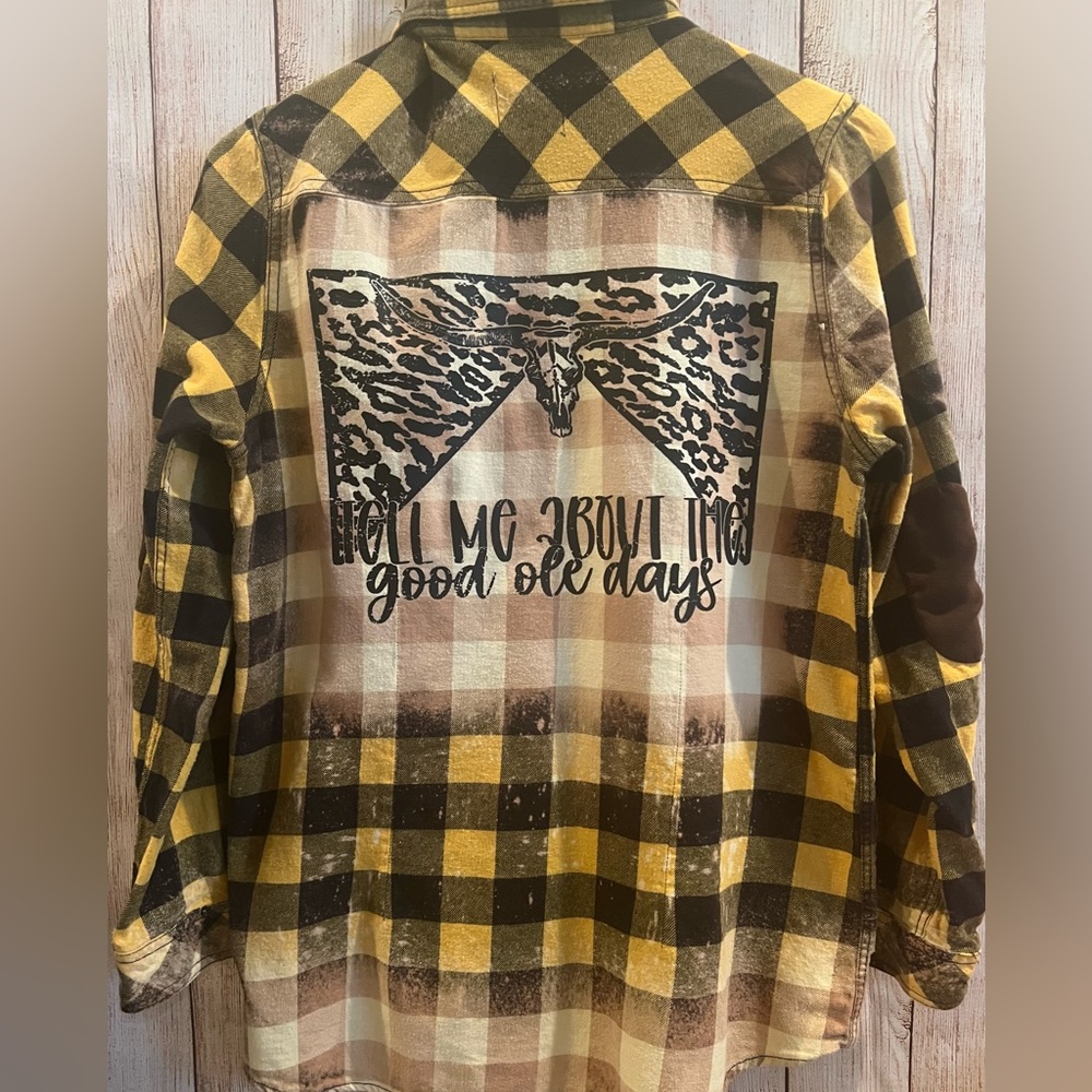 Tell me about the good ole days bleach distressed flannel shirt yellow plaid
